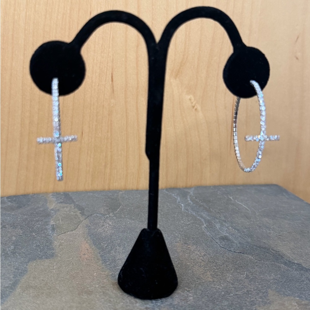 Super Sparkly Silver Rhinestone Cross Hoop Earrings
